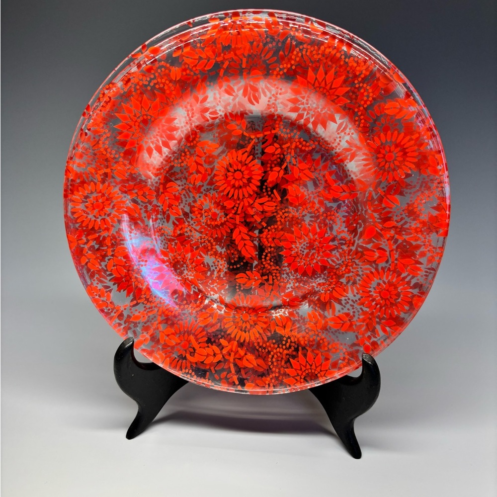 Set Of 6 Bright Red Orange Clear Glass FLORAL SALAD PLATES 8" 70s Eclectic